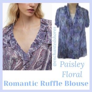 Romantic Floral Paisley Blouse Ruffled V-neck Cami Underneath Blue Purple Size M